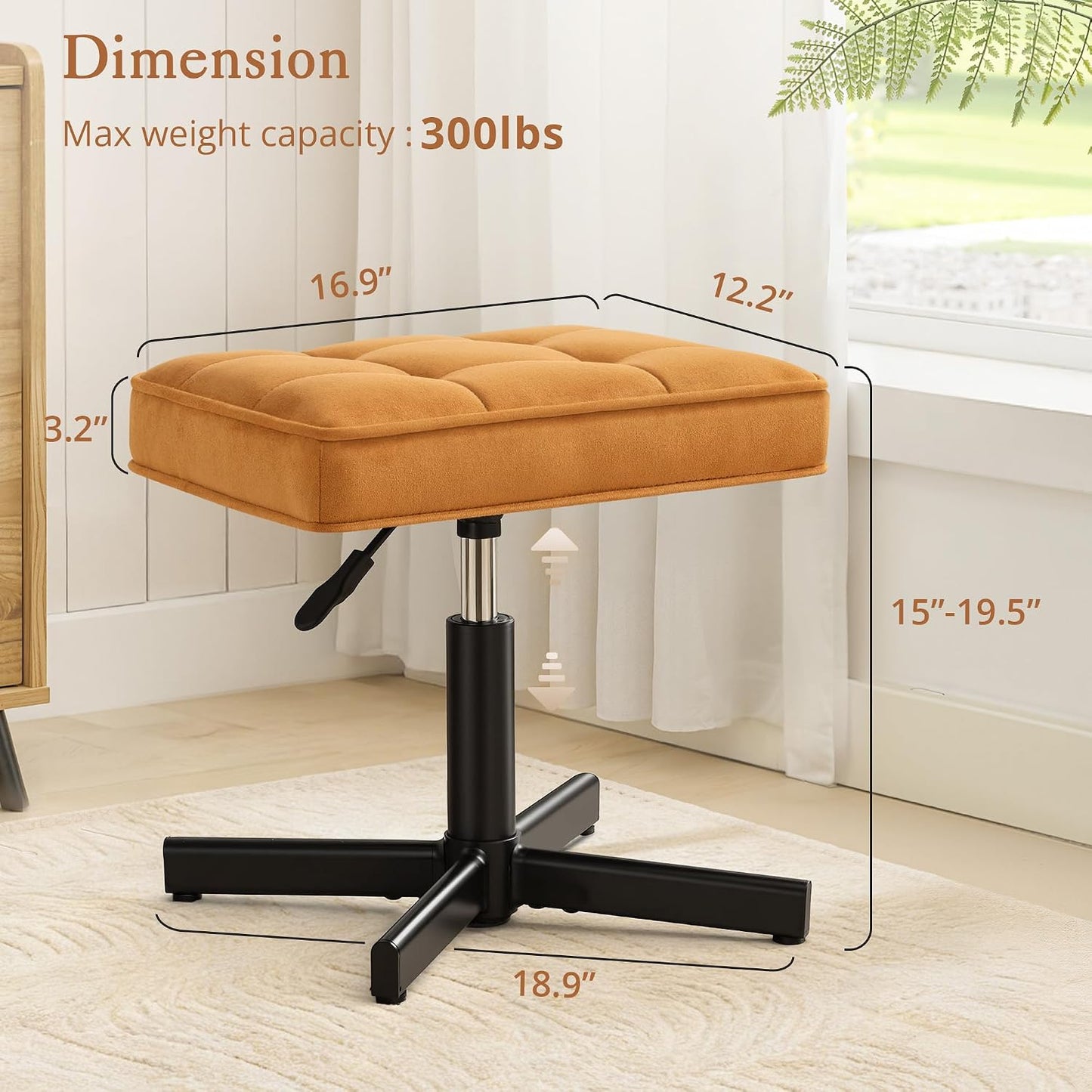 LUE BONA Adjustable Vanity Stool, Foot Rest Under Desk, 360° Swivel Vanity Chair for Makeup Room, Black Upholstered Faux Leather Ottoman for Bathroom & Living Room, 300lbs