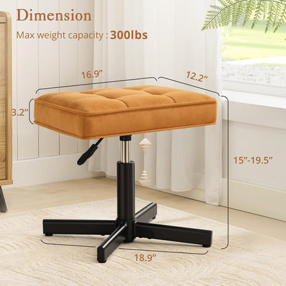 LUE BONA Adjustable Vanity Stool, Foot Rest Under Desk, 360° Swivel Vanity Chair for Makeup Room, Black Upholstered Faux Leather Ottoman for Bathroom & Living Room, 300lbs
