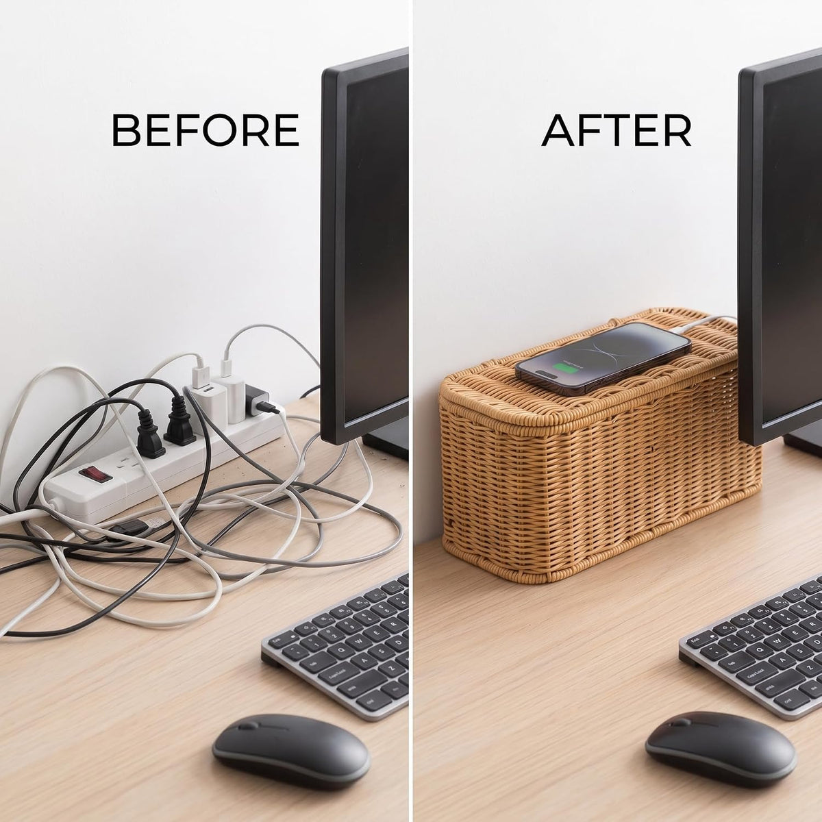 Rattan Cable Management Box, Cord Organizer to Hide Cords & Power Strip