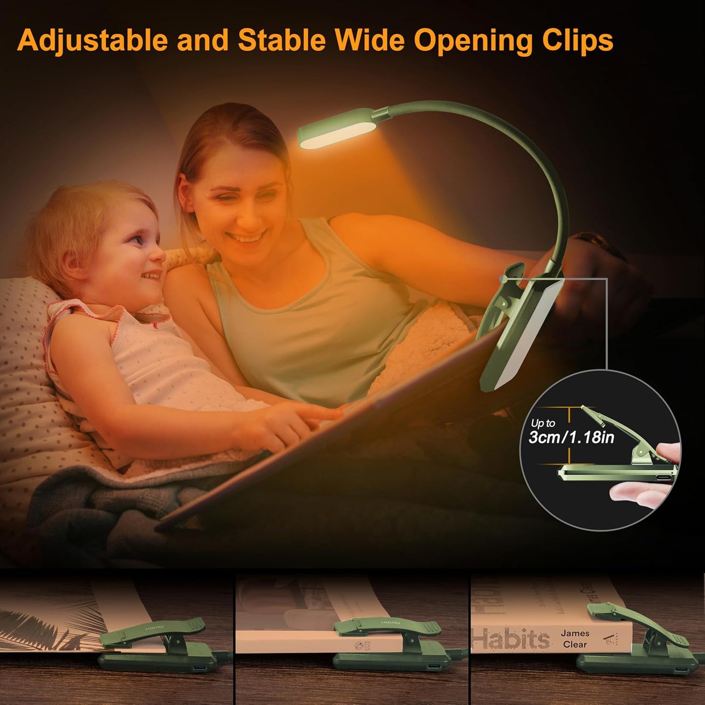 Gritin 16 LED Rechargeable Book Light for Reading in Bed- Eye Caring 3 Color Temperatures, Stepless Dimming Brightness, 80 Hrs Runtime, Lightweight Flexible Clip on Light for Book Lovers