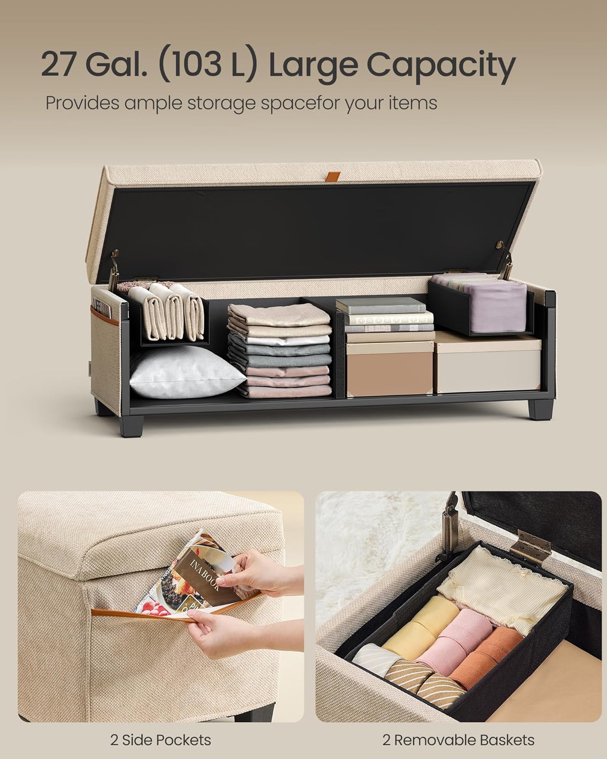 SONGMICS Storage Ottoman Bench, Foot Rest with Legs, 15.7 x 43.3 x 15.7 Inches, End of Bed Bench, Storage Chest, Load up to 660 lb, for Living Room, Bedroom, Entryway, Dark Gray ULSF088G01