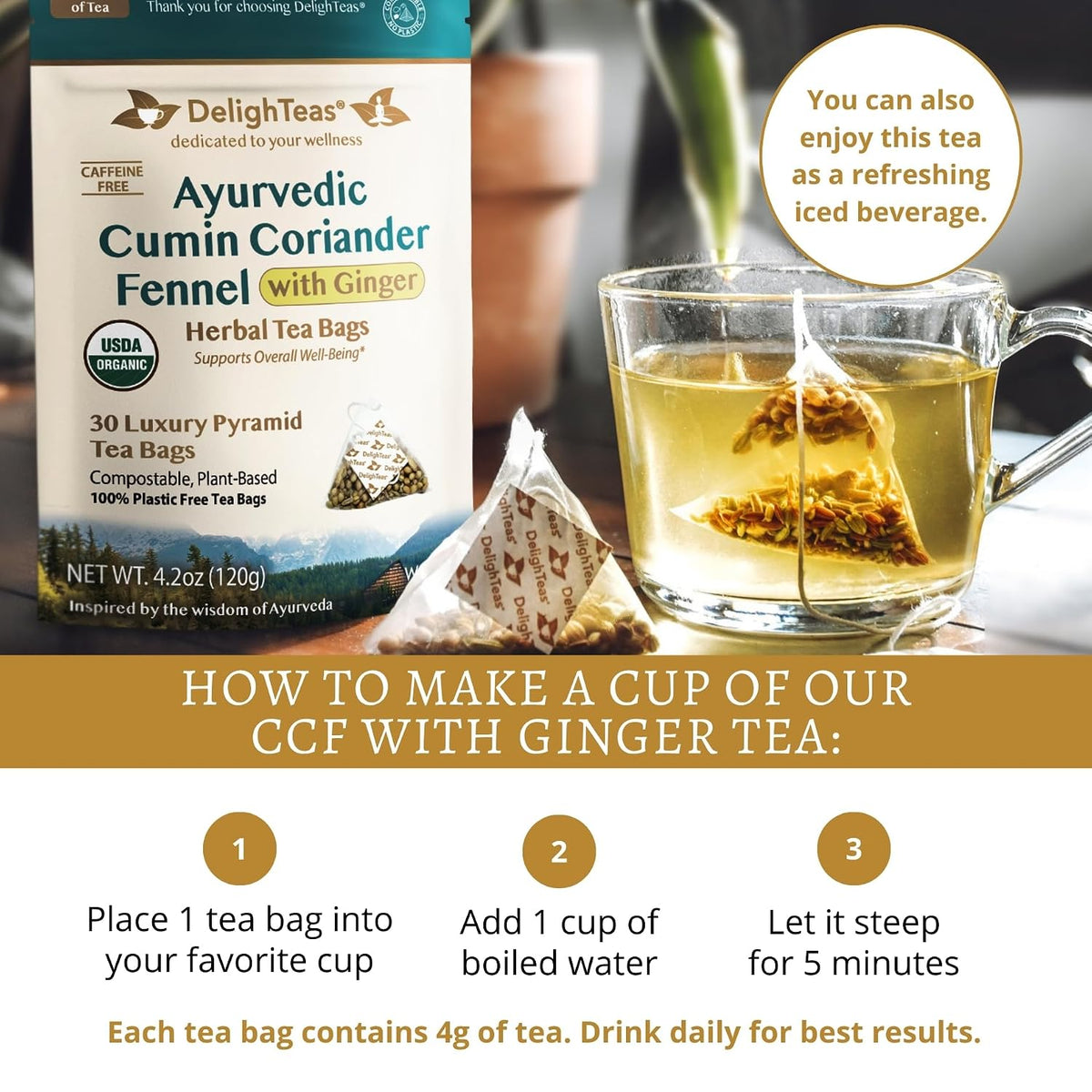 DelighTeas Organic Digest & Detox CCF Tea with Ginger | Eco-Conscious Pyramid Tea Bags | Ayurvedic Cumin Coriander Fennel Ginger Tea | USDA Organic, Vegan, Caffeine Free, Kosher | 30 Tea Bags, 4g each
