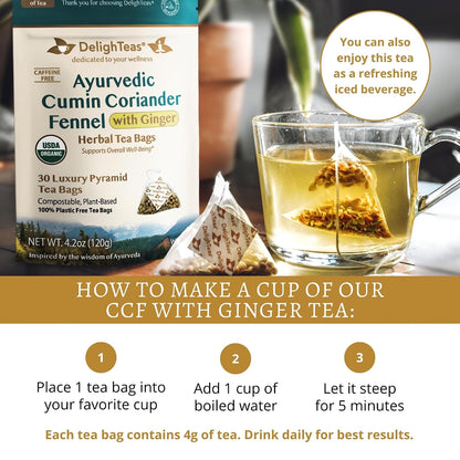 DelighTeas Organic Digest & Detox CCF Tea with Ginger | Eco-Conscious Pyramid Tea Bags | Ayurvedic Cumin Coriander Fennel Ginger Tea | USDA Organic, Vegan, Caffeine Free, Kosher | 30 Tea Bags, 4g each