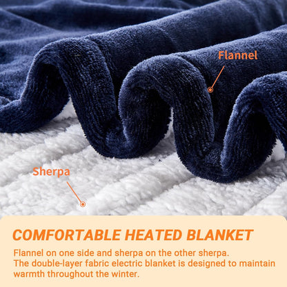 Electric Blanket Heated Throw, Soft Flannel 50"x60" Heating Blanket with 8 Hours Auto Off 10 Fast Heating Levels Machine Washable Sherpa Heated Blanket with Overheating Protection