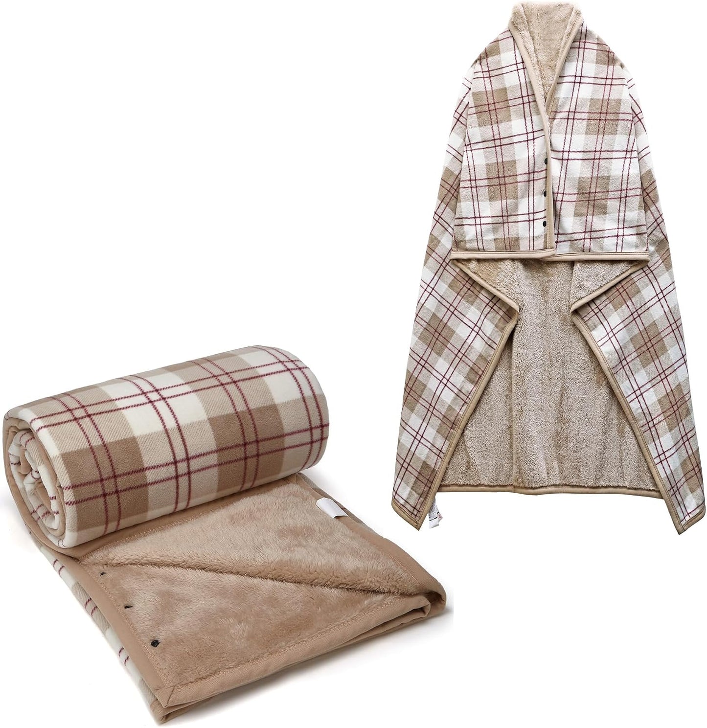 forestfish Fleece Wearable Blanket, Plaid Lap Blanket Comfy Poncho Throw with Buttons for Bed Sofa Office, Grey-White