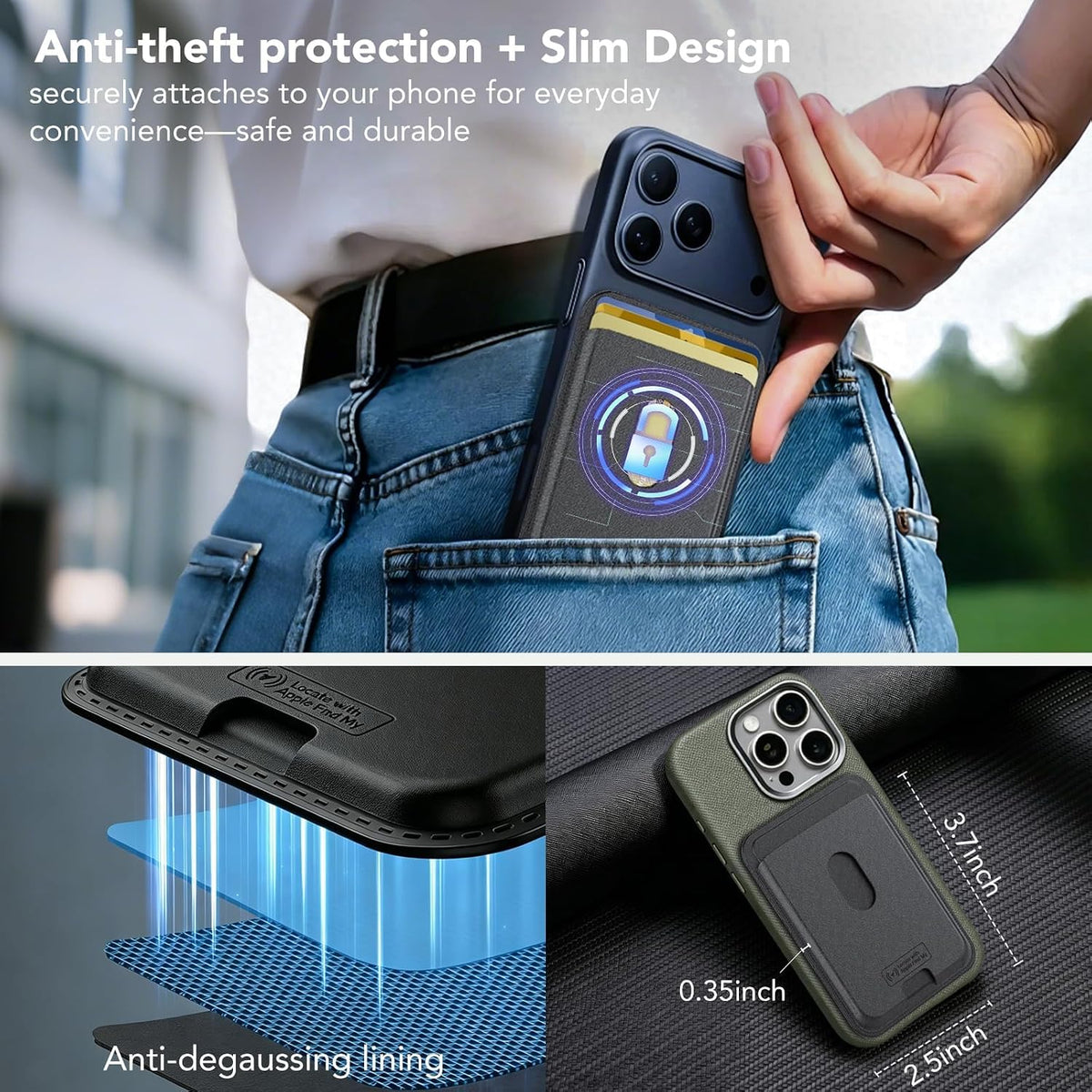 IKT for Magsafe Wallet, Work with Apple Find My Tracking, Strongest Magnetic Leather Card Holder Wallet for iPhone 17/16/15/14/13/12 Pro Max Air Plus, Wireless Charging, 3-Cards RFID Holder, Black