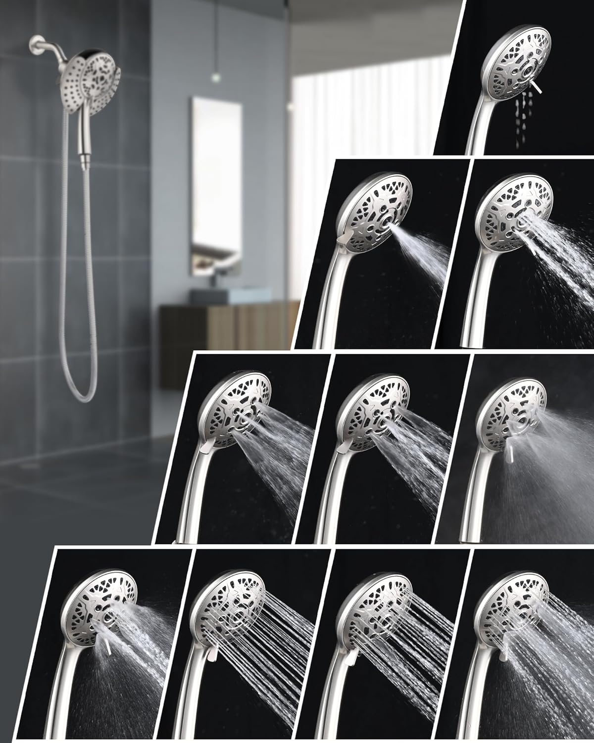 INAVAMZ Shower Head with Handheld High Pressure: Hand Held Shower Head & Rain Shower Head 2-IN-1 Shower Head with 59" Rotatable Stainless Steel Hose, Shower Trim Systems, Sliver 2.5 GPM 15391 Filter