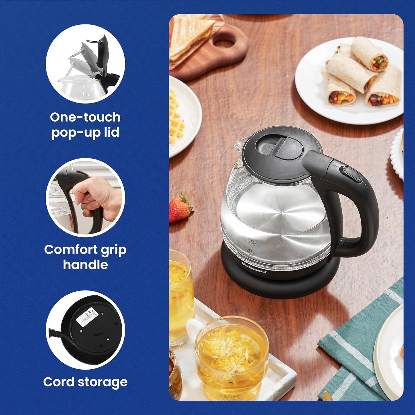 Elite Gourmet EKT3001 1L Digital Water Kettle, 304 Stainless Steel Interior, Programmed Temperatures, Keep Warm Function, Cordless, 360° Base, Auto Off & Audible Indicator, Matte Black