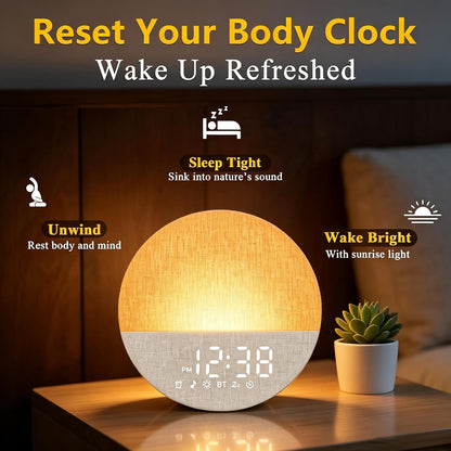 Sunrise Alarm Clock with Sounds Machine:Gentle Gradual Wake Up Light for Heavy Sleepers Relieve Anxiety Dimmable Clock with Bluetooth Memory for Bedroom - White Noise Machine with 30 Sleep Sounds
