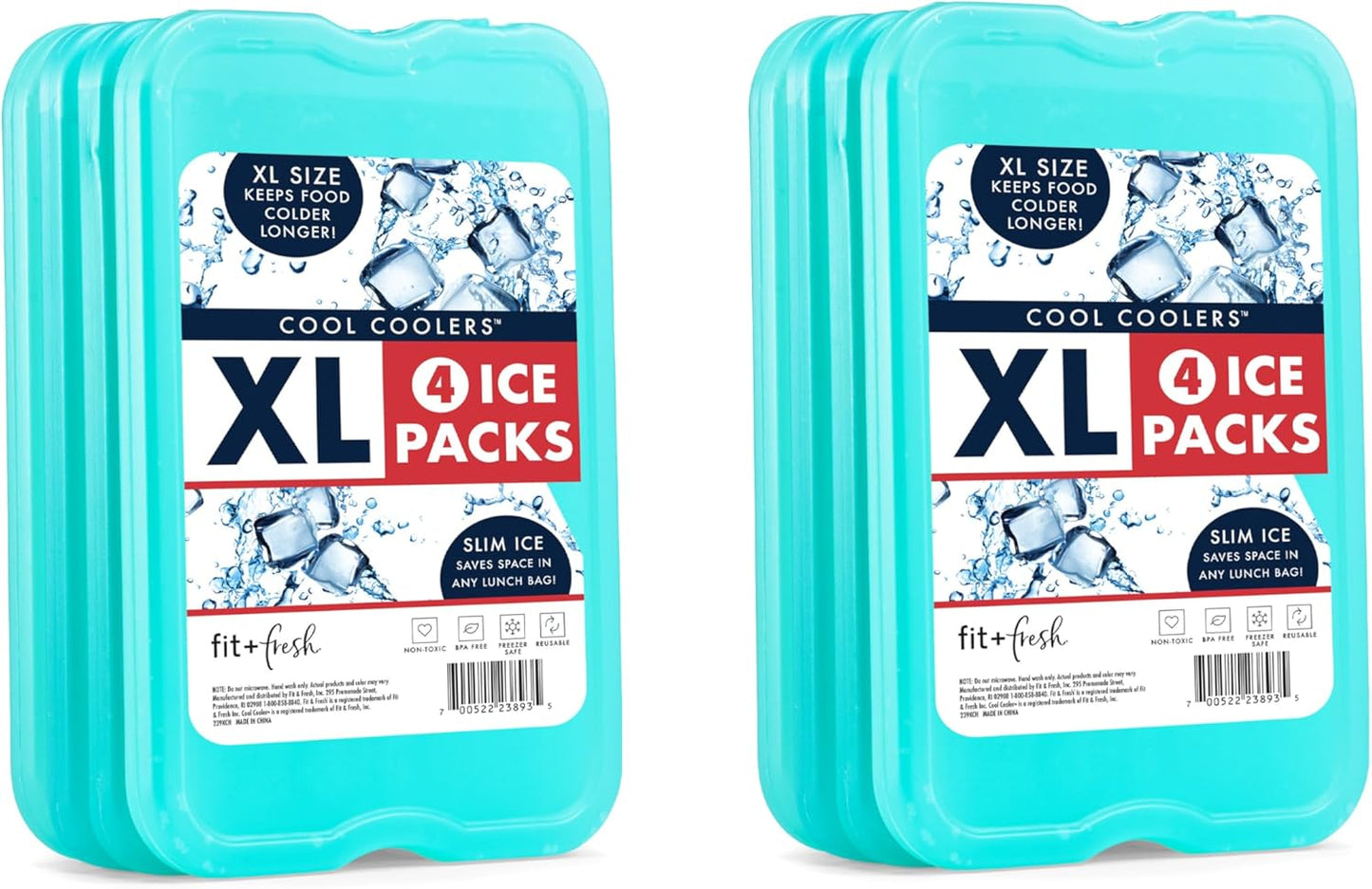 Cool Coolers by Fit & Fresh 4 Pack XL Slim Ice Packs, Quick Freeze Space Saving Reusable Ice Packs for Lunch Boxes or Coolers