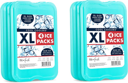 Cool Coolers by Fit & Fresh 4 Pack XL Slim Ice Packs, Quick Freeze Space Saving Reusable Ice Packs for Lunch Boxes or Coolers