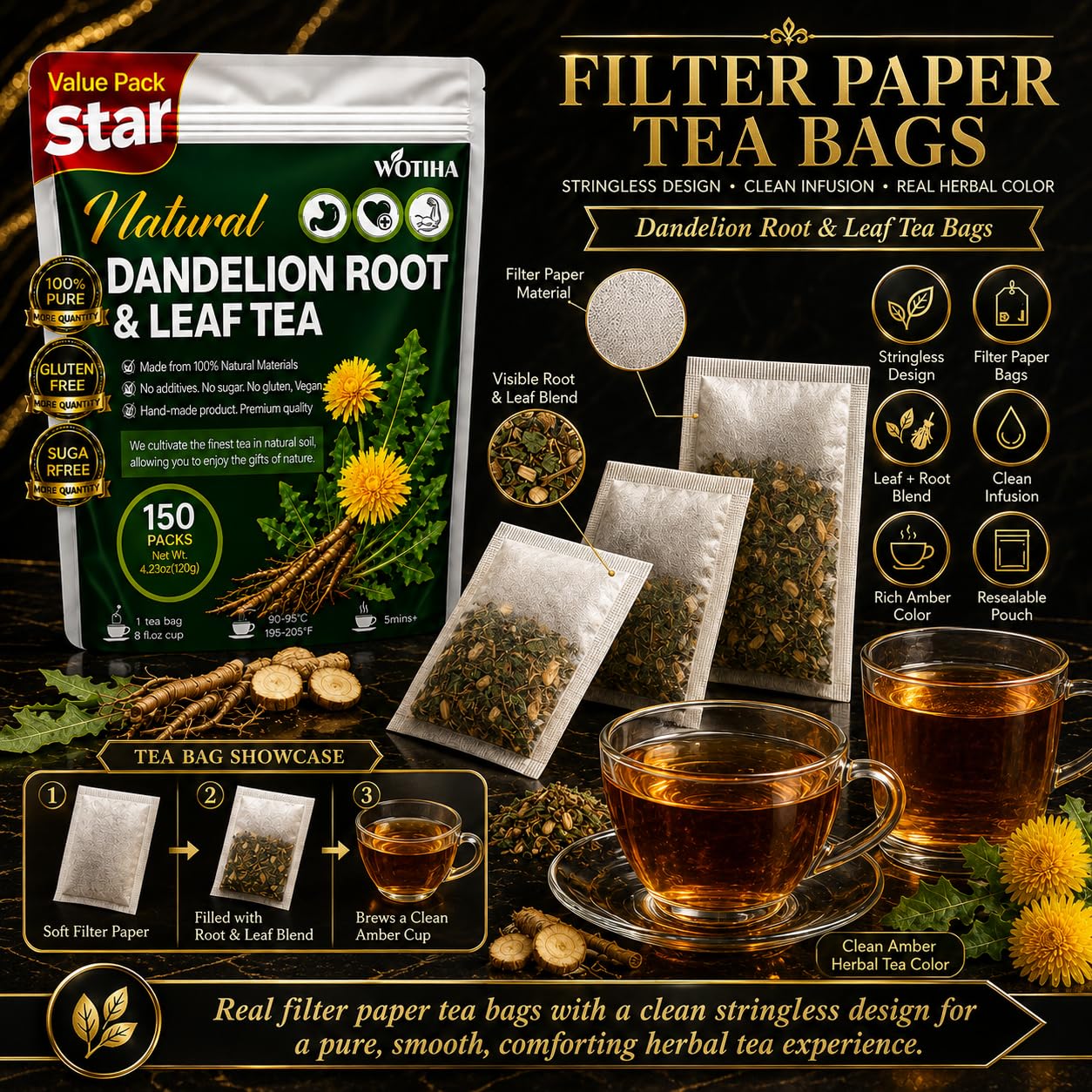 WOTIHA 60 Count Premium Dandelion Root Tea Bags - 100% Natural Roasted, Supports Liver & Kidney Health, Digestion & Immunity, Caffeine-Free, Additive-Free, Gluten-Free, Vegan.