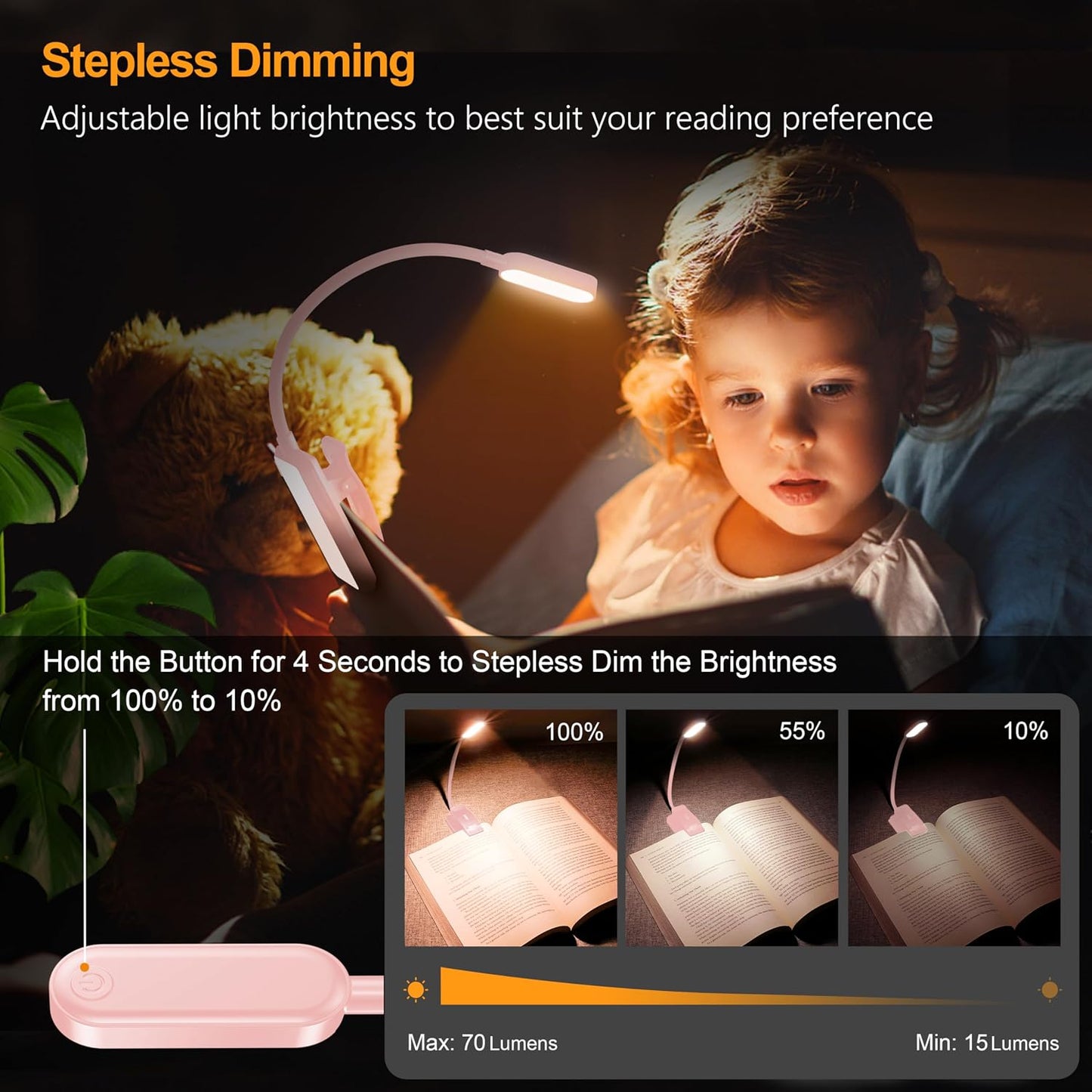 Gritin 16 LED Rechargeable Book Light for Reading in Bed- Eye Caring 3 Color Temperatures, Stepless Dimming Brightness, 80 Hrs Runtime, Lightweight Flexible Clip on Light for Book Lovers