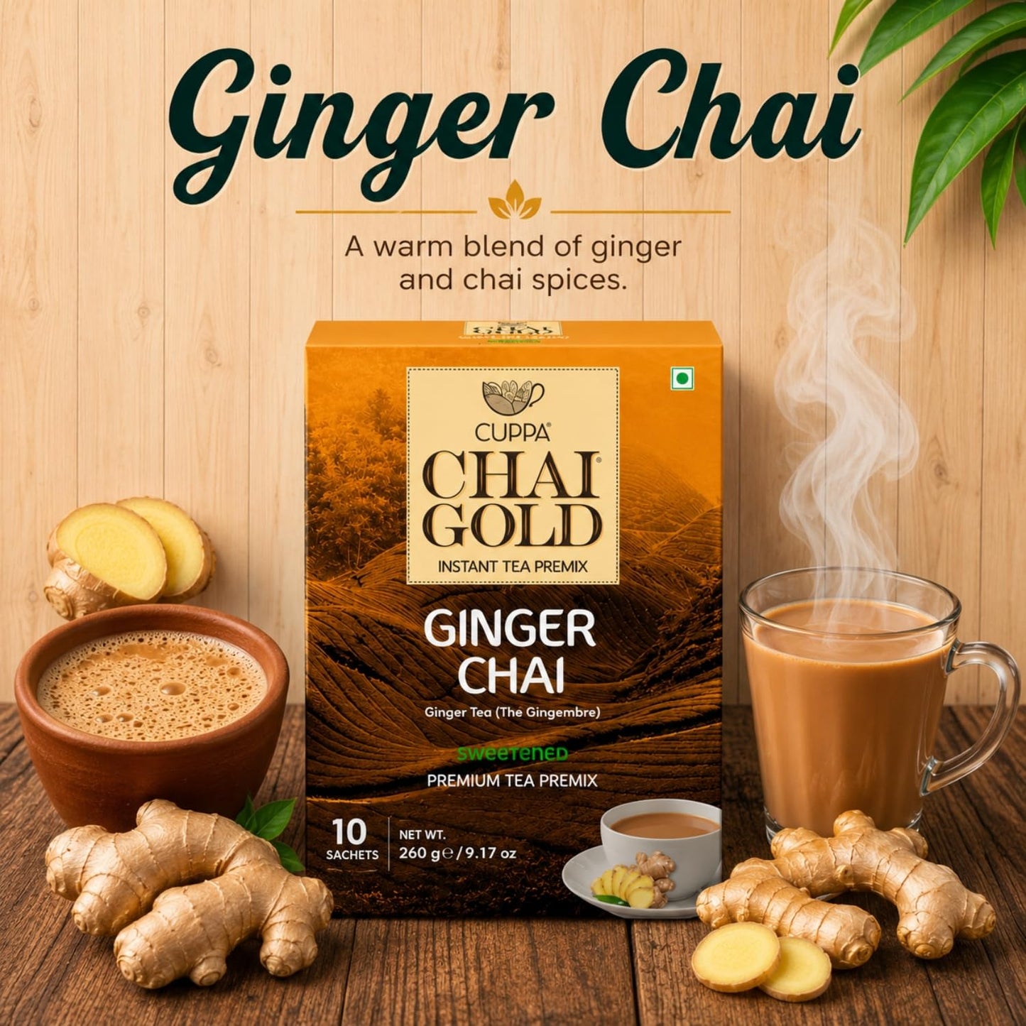 Cuppa Chai Gold Cardamom Chai Instant Tea Premix Sweetened, Rich Cardamom Flavor Tea Beverage Mix, Smooth Creamy Taste, Just Add Hot Water, Convenient Single-Serve Sachets for Home, Office & Travel, 10 Count