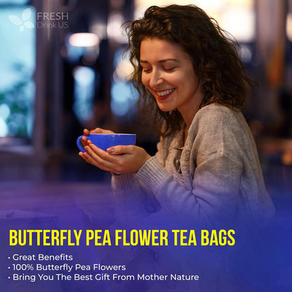 FreshDrinkUS, Premium Butterfly Pea Flowers Tea, 55 Count, Caffeine Free