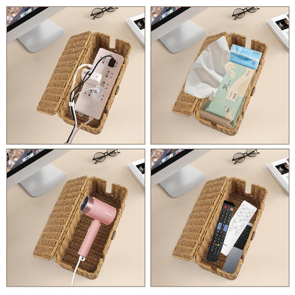 2 Pack Rattan Cable Management Box, Large Cord Organizer Box with Lid Under Desk Router Hider Storage Box with 4 Exits, Wire Box Hider for TV Wires Computer Surge Protector USB Hub Power Strip
