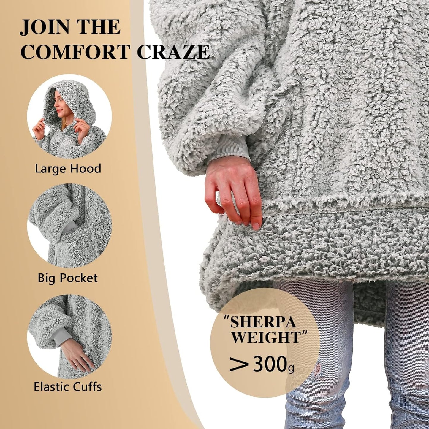 yescool Wearable Blanket Hoodie, Flannel Sherpa Fleece Blanket Sweatshirt for Adults Women Men,One Size Fits All - Colors B