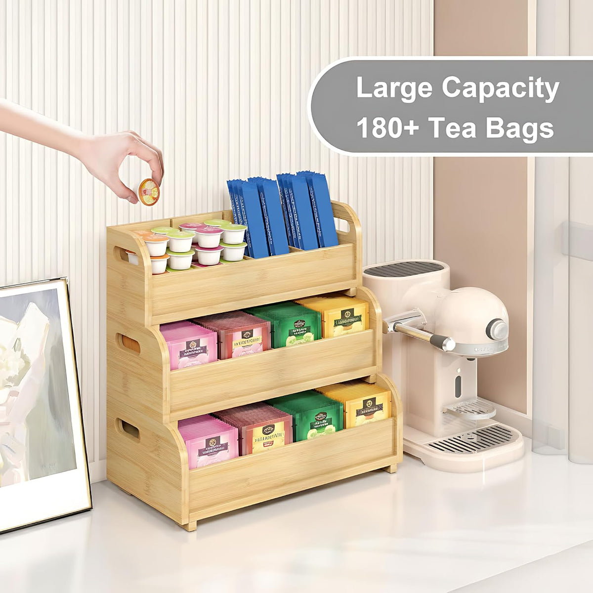 3-Tier Bamboo Tea Bag Organizer, Stackable Tea Holder for Countertop, Black