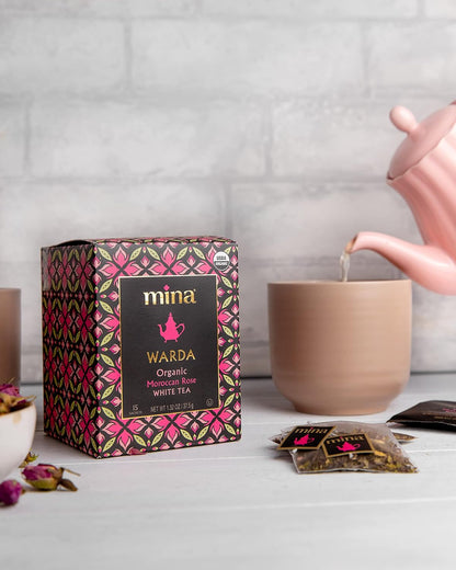 Mina Warda Organic Moroccan Rose White Tea, 15 Biodegradable Sachets - Rose Tea Bags, White Tea with Moroccan Rose Petals, Organic White Tea Bags, Low Caffeine Tea