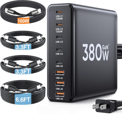 380W USB C Charger Block with 4 USB Cables Dual 100W Charging Station