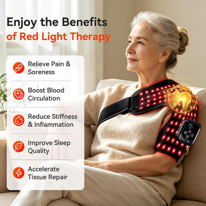 Cordless Red Light Therapy for Shoulder with Massage, 5000mAh Portable Red Light Shoulder Therapy Wrap with 114 LEDs, Near-Infrared Shoulder Brace with Heat, Vibration Massager & Pulse for Men Women