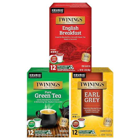 Twinings 36 K-Cup Pods Variety Pack, Includes English Breakfast, Earl Grey, and Green for Keurig and Single Cup Brewers, 12 Count (Pack of 3), Caffeinated, Enjoy Hot or Iced