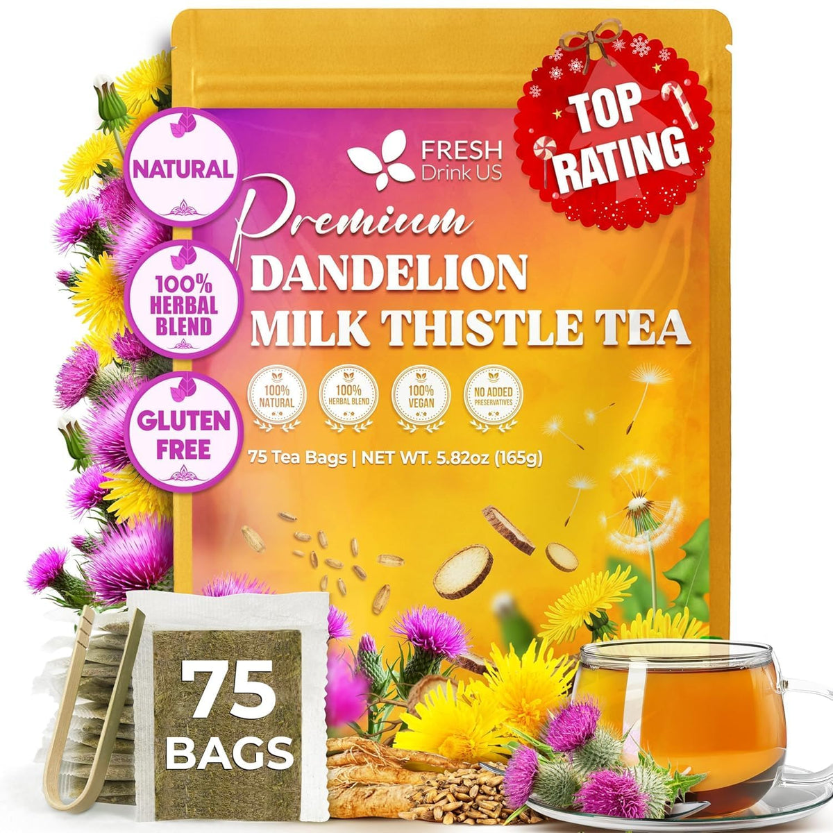 FreshDrinkUS, Premium Dandelion Milk Thistle Tea, 75 Count, Caffeine Free