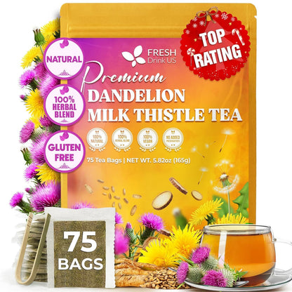 FreshDrinkUS, Premium Dandelion Milk Thistle Tea, 75 Count, Caffeine Free