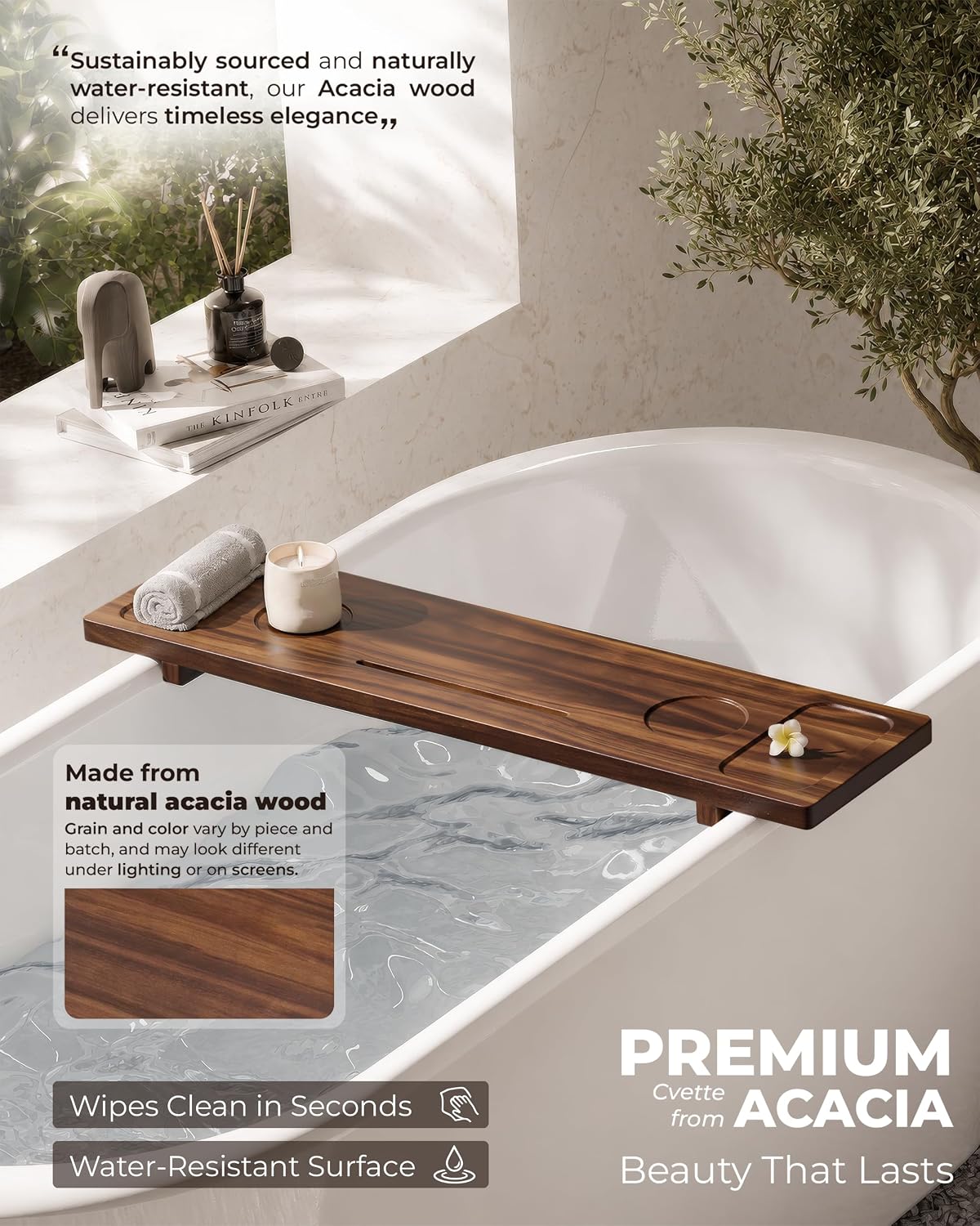 Bathtub Tray, Acacia Bath Tray for Tub, 34.6''x9'' Wooden Bathtub Caddy Tray with Adjustable Legs Fit Various Bathtubs, Anti-Tipping, Sustainable Bath Table with Wine Glass and Tablet Holder