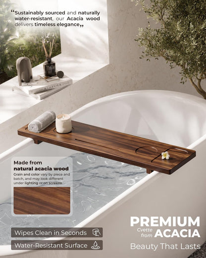 Bathtub Tray, Acacia Bath Tray for Tub, 34.6''x9'' Wooden Bathtub Caddy Tray with Adjustable Legs Fit Various Bathtubs, Anti-Tipping, Sustainable Bath Table with Wine Glass and Tablet Holder