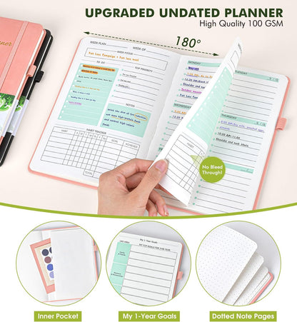 Undated Weekly and Monthly Planner, Hardcover Leather Calendar Blank Planner, Simplified To Do List Notebook with Goal & Habit Tracker Organizer, A5 Daily Weekly Planner for Work School Home, Black