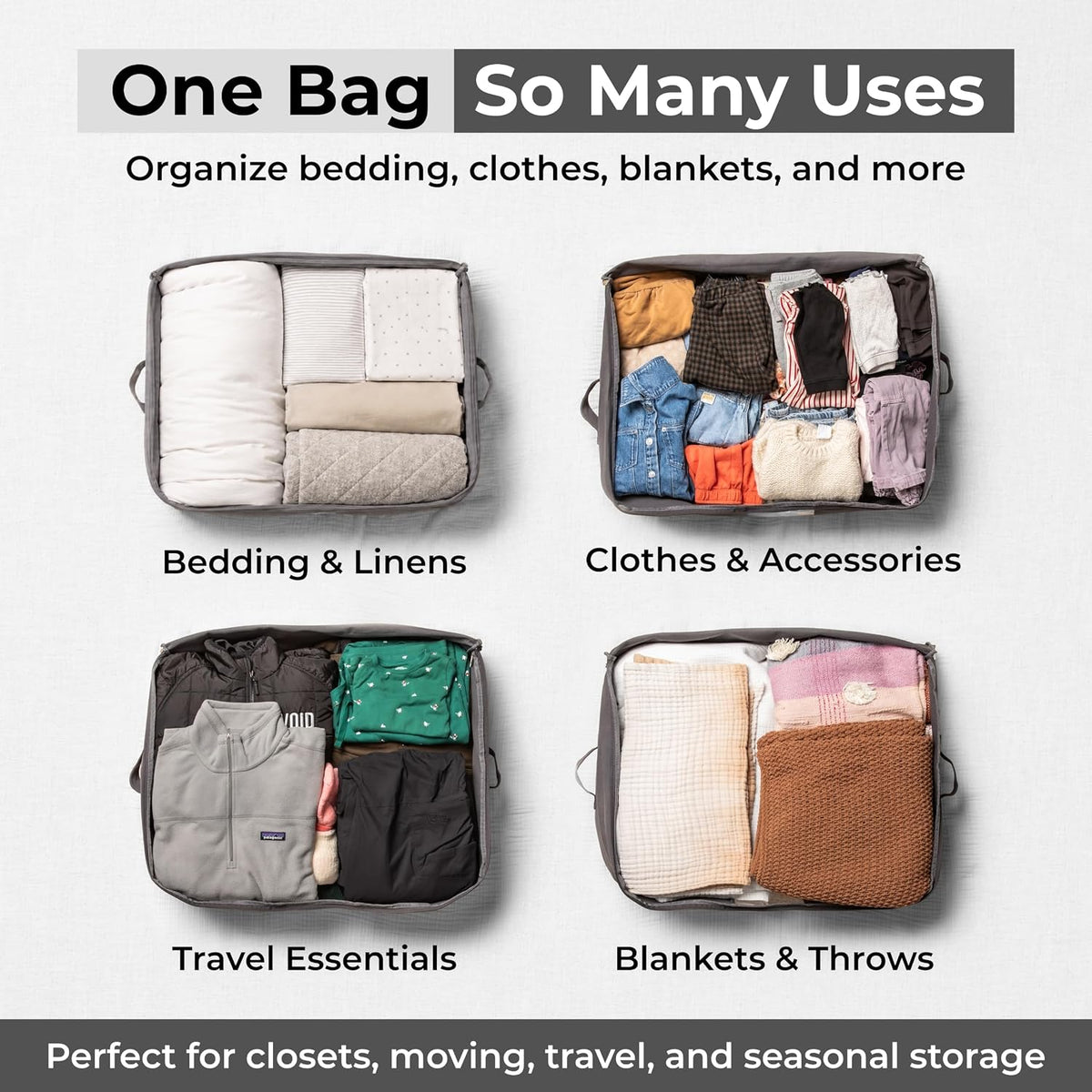 Soft Canvas Storage Bags with Zipper. Thick Breathable, 2pc King/Queen Comforter Organizer. Four Carrying Handles and Window. Large 25x19x9in Bag for Sheets Blankets Bedding Pillows, Clothes