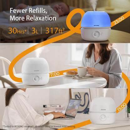 BOXING 3L Cool Mist Humidifier for Bedroom, Top Fill, Quiet, Night Light