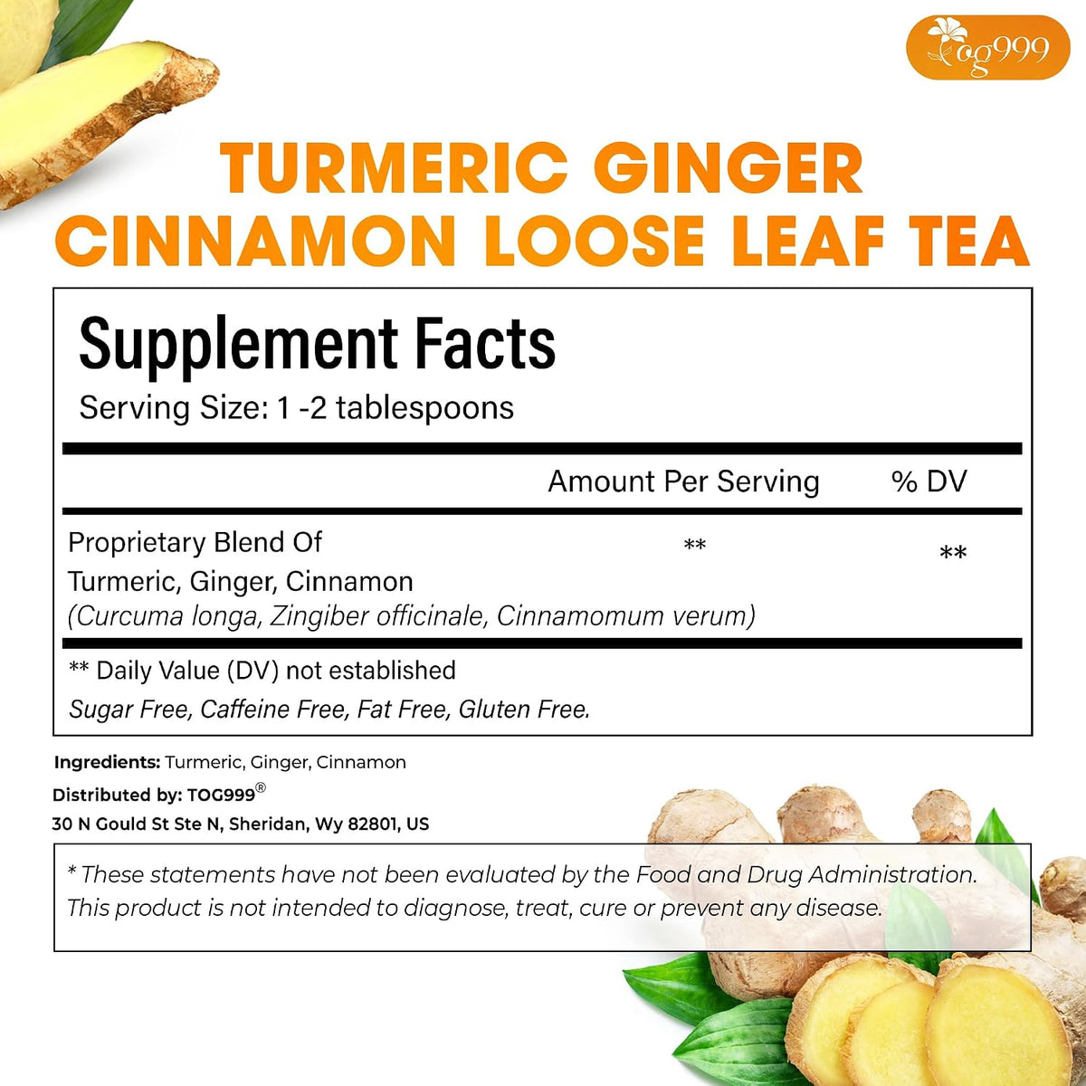 TOG999, Premium 15oz Ginger Turmeric Cinnamon Loose Leaf Herbal Tea - Premium Quality Spiced Herbal Blend – Caffeine-Free, Non-GMO, Natural Dried Roots and Bark. Vegan-Friendly.