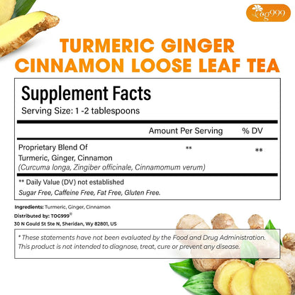TOG999, Premium 15oz Ginger Turmeric Cinnamon Loose Leaf Herbal Tea - Premium Quality Spiced Herbal Blend – Caffeine-Free, Non-GMO, Natural Dried Roots and Bark. Vegan-Friendly.