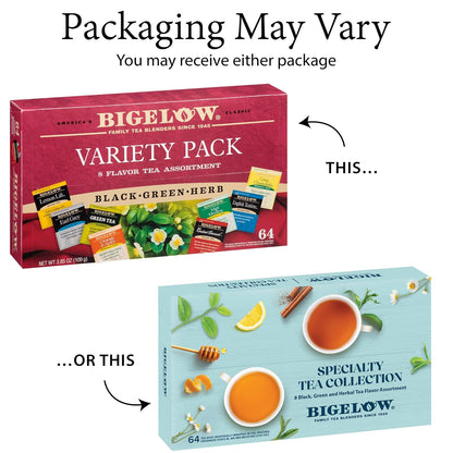 Bigelow Tea Caffeine Free 6 Flavor Herbal Tea Variety Pack, Decaf Tea with Mint Medley, Cozy Chamomile, Orange and Spice, Sweet Dreams, Perfect Peach, and Lemon Ginger, (Pack of 6), 118 Total Tea Bags