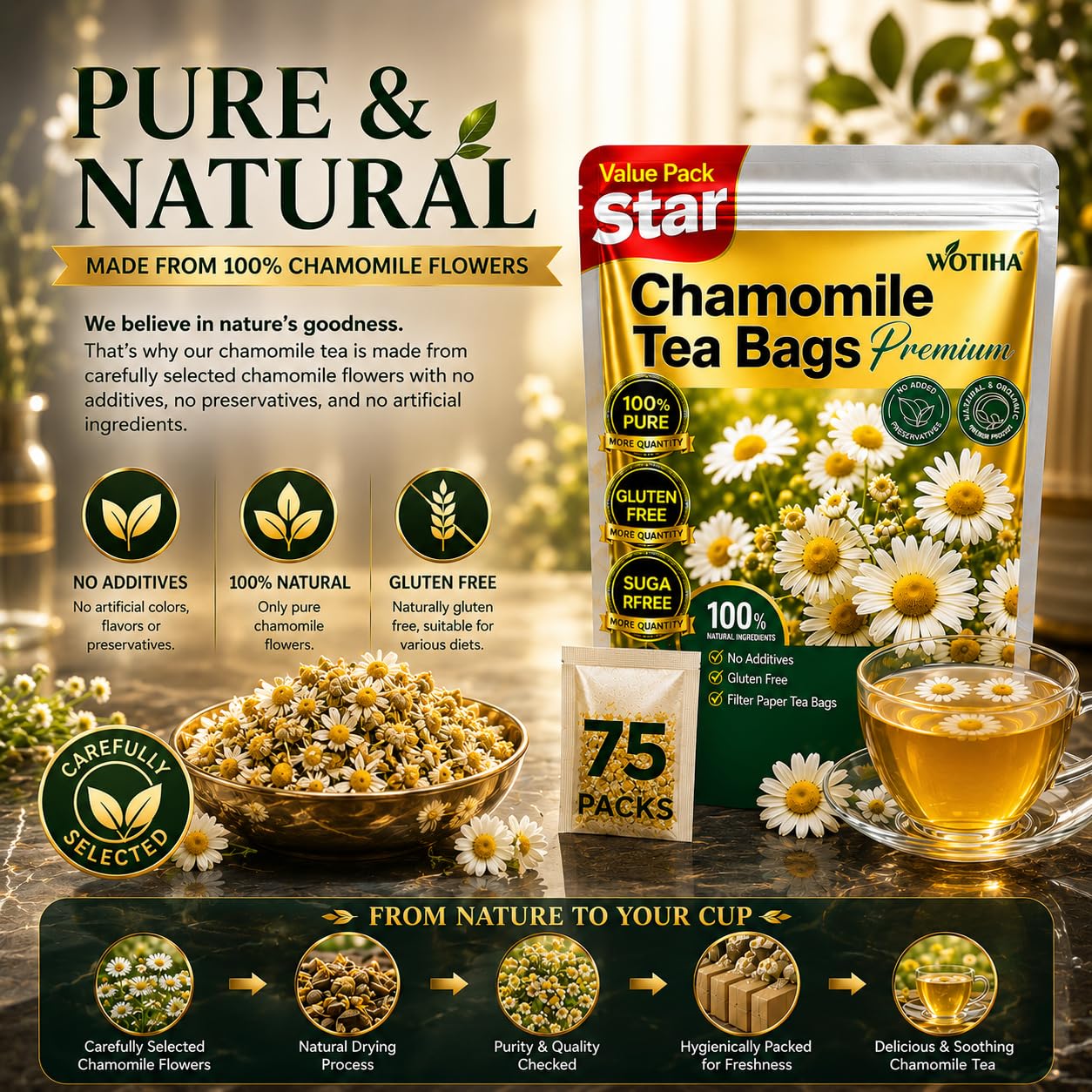WOTIHA 75 Count Premium Chamomile Tea Bags - Pure Natural Chamomile Flowers, Supports Sleep & Relaxation, Eases Digestion, Caffeine-Free, Additive-Free, Sugar-Free, Vegan, Non-GMO.
