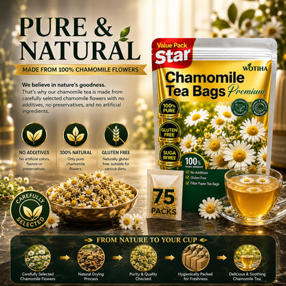 WOTIHA 75 Count Premium Chamomile Tea Bags - Pure Natural Chamomile Flowers, Supports Sleep & Relaxation, Eases Digestion, Caffeine-Free, Additive-Free, Sugar-Free, Vegan, Non-GMO.