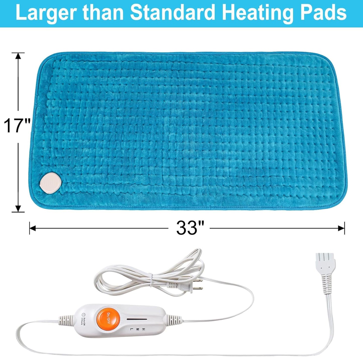 Boileau Electric Heating Pad for Back Pain and Period Cramps Relief, FSA Eligible17 x33 Extra Large XXXL, HSA 3 Heating Levels Heat Pad with 2-Hour Auto Shut Off, Gifts for Women and Mom, Blue
