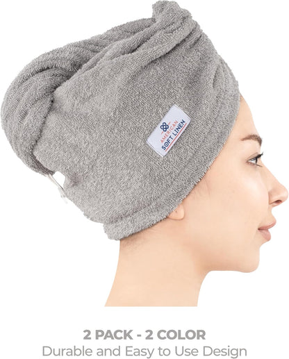 American Soft Linen 100% Cotton Hair Towels for Women, Head Towel Cap, Cotton Hair Turban Towel Wrap for Long Curly Anti Frizz Hair, Soft and Absorbent Cotton Hair Towels 2 Pack, White