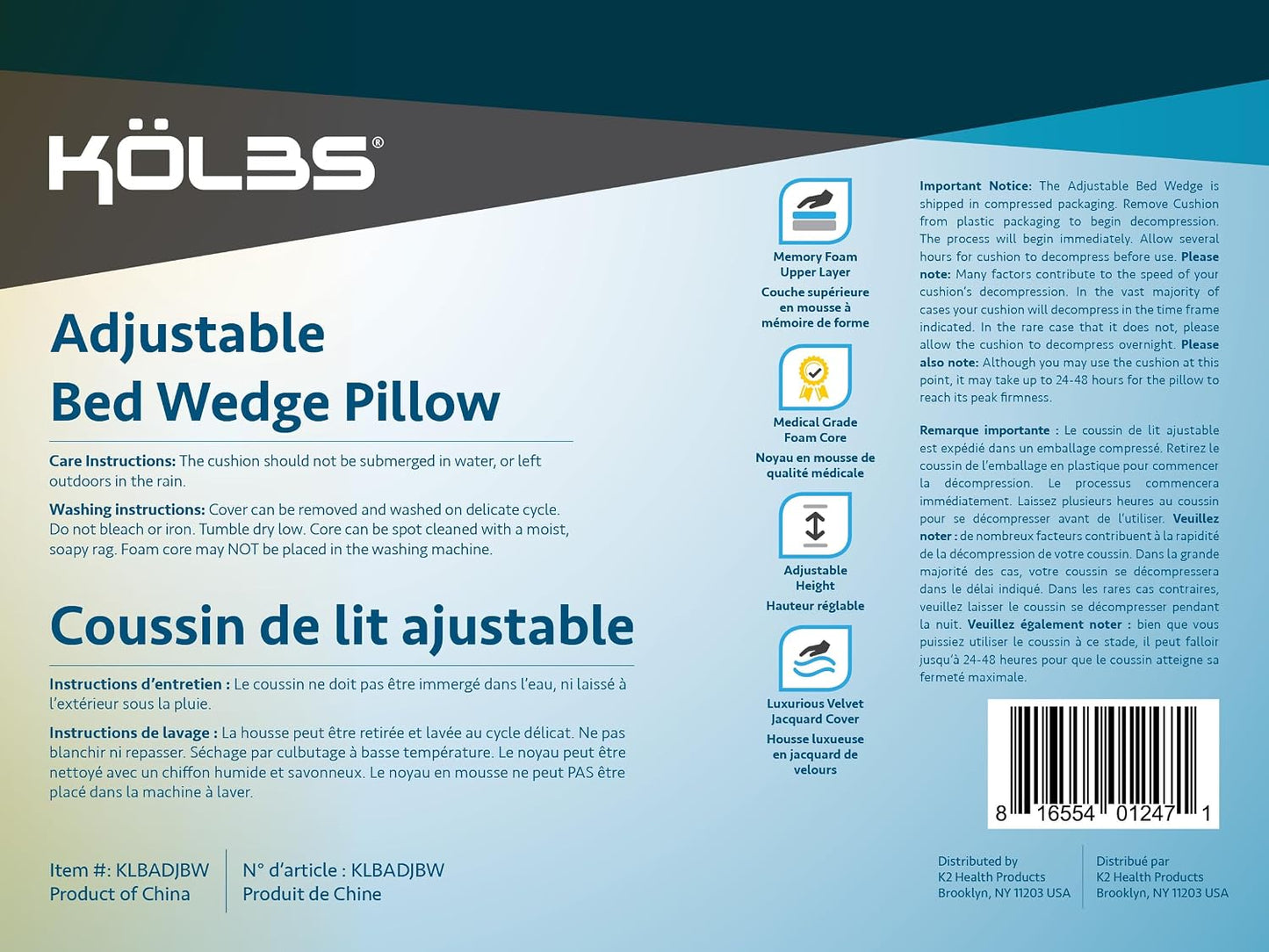 Kolbs Bed Wedge Pillow for Sleep Apnea, FSA Eligible Acid Reflux, and Back Pain Relief, with Chic Jacquard Cover - Headboard Wedges for Sleeping (5" Gentle Incline)