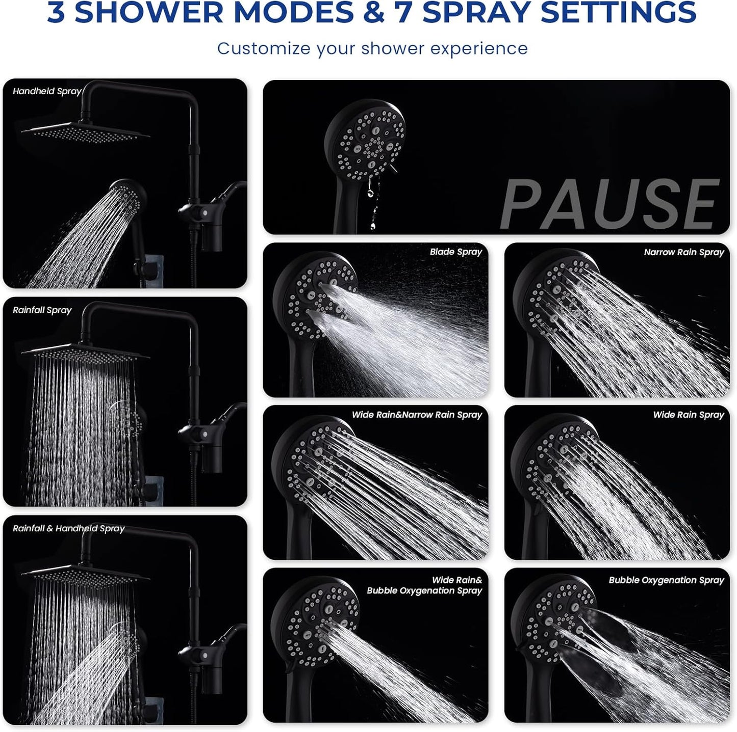 Ryamen Upgraded Dual Shower Heads Combo, 10 inch Filtered Shower Head with Handheld, 3-Way Rain Shower Head with Filters, 7 Settings Handheld Spray, High Pressure, Height Adjustable (Black)