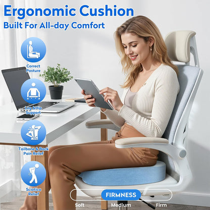 CushZone Seat Cushion - Memory Foam Office Chair Cushion for Sciatica, Tailbone & Back Pain Relief - Orthopedic Coccyx Pillow for Car, Airplane, Pregnancy & Long Sitting at Work, Black