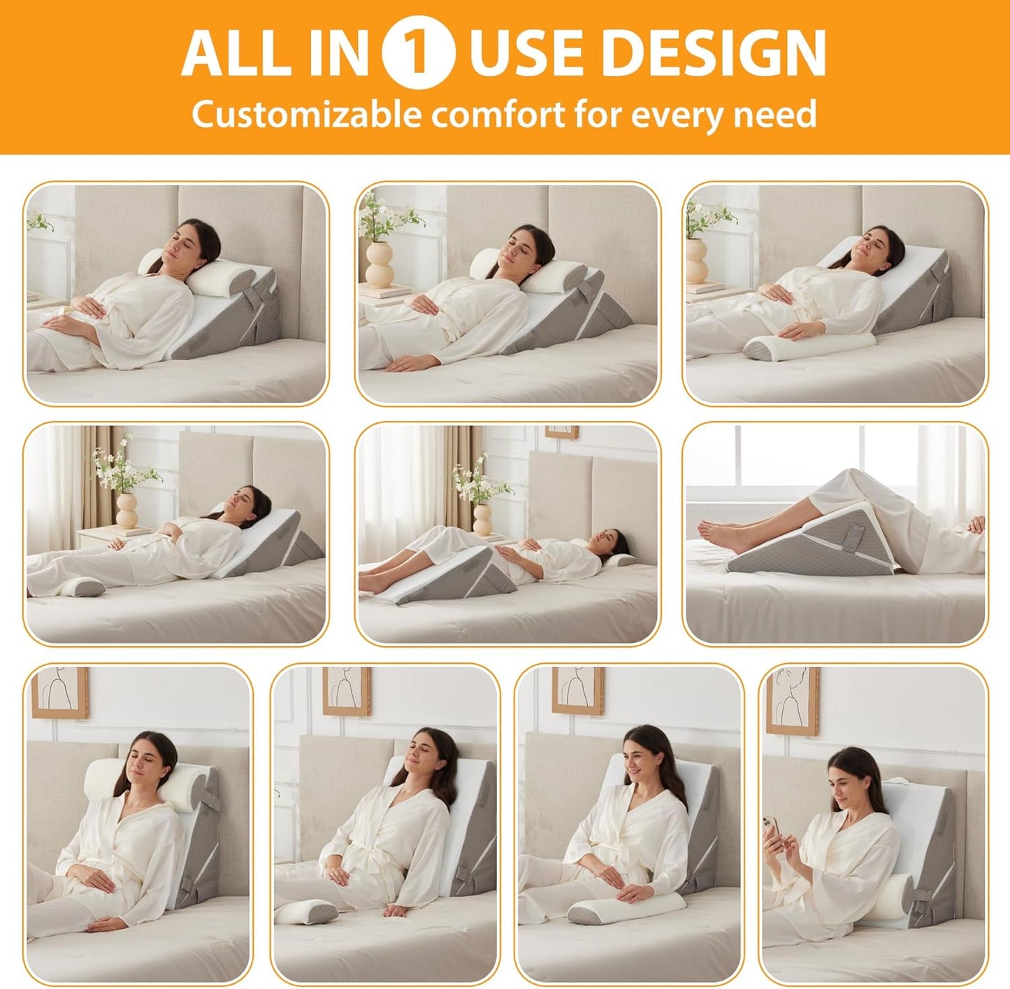 Ruqmuis 3PCS Wedge Pillow Set for After Surgery, Adjustable 9&12 Inch Bed Wedge Pillow for Sleeping, Incline Pillow Wedge for Headboard, Post Surgery, Acid Reflux, Neck&Back Support, White/Grey