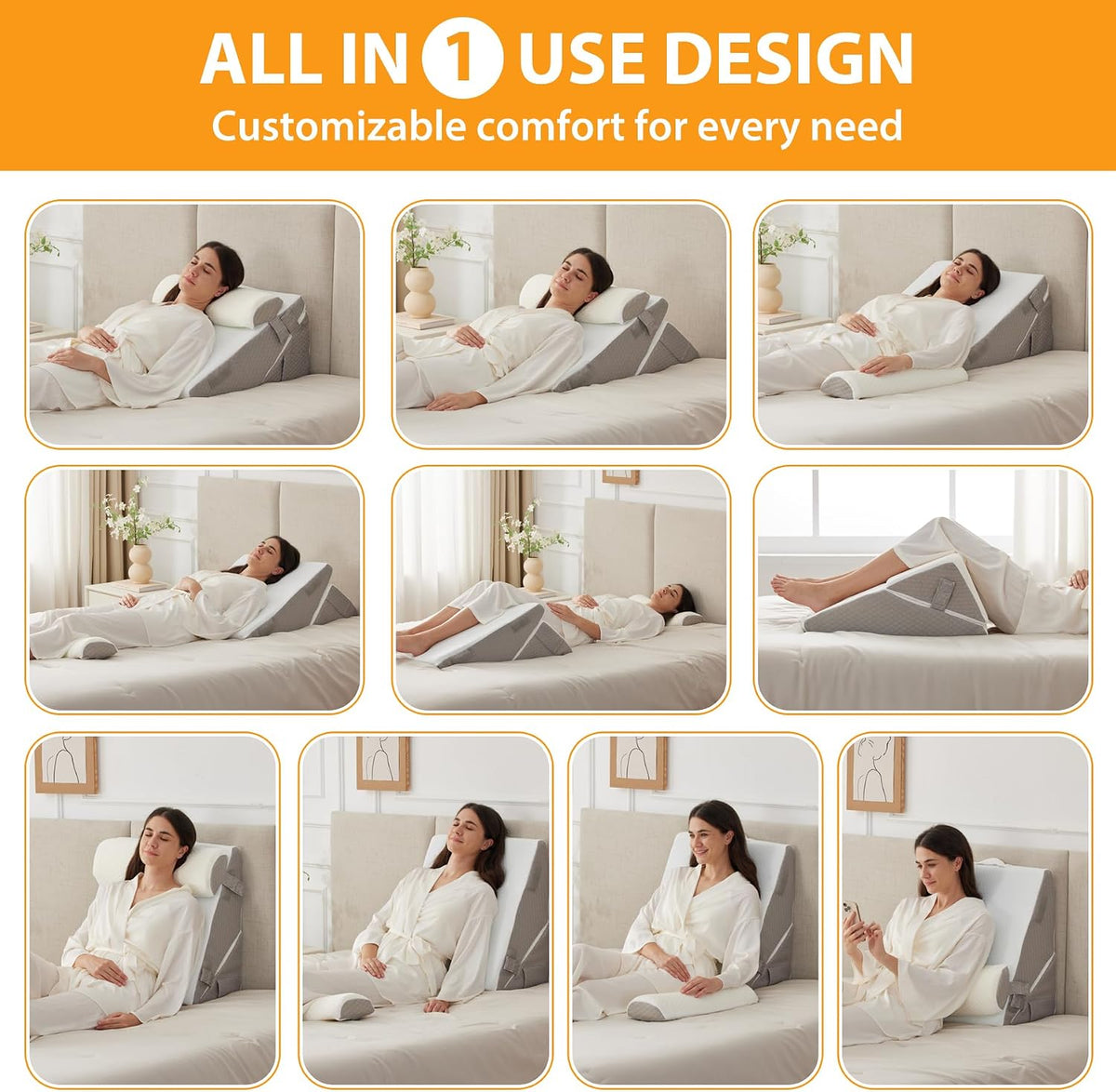 Ruqmuis Wedge Pillow Set for After Surgery, 3PCS Adjustable 9&12 Inch Bed Wedge Pillow for Sleeping, Incline Pillow Wedge for Headboard, Post Surgery, Acid Reflux, Neck&Back Support, White/Grey