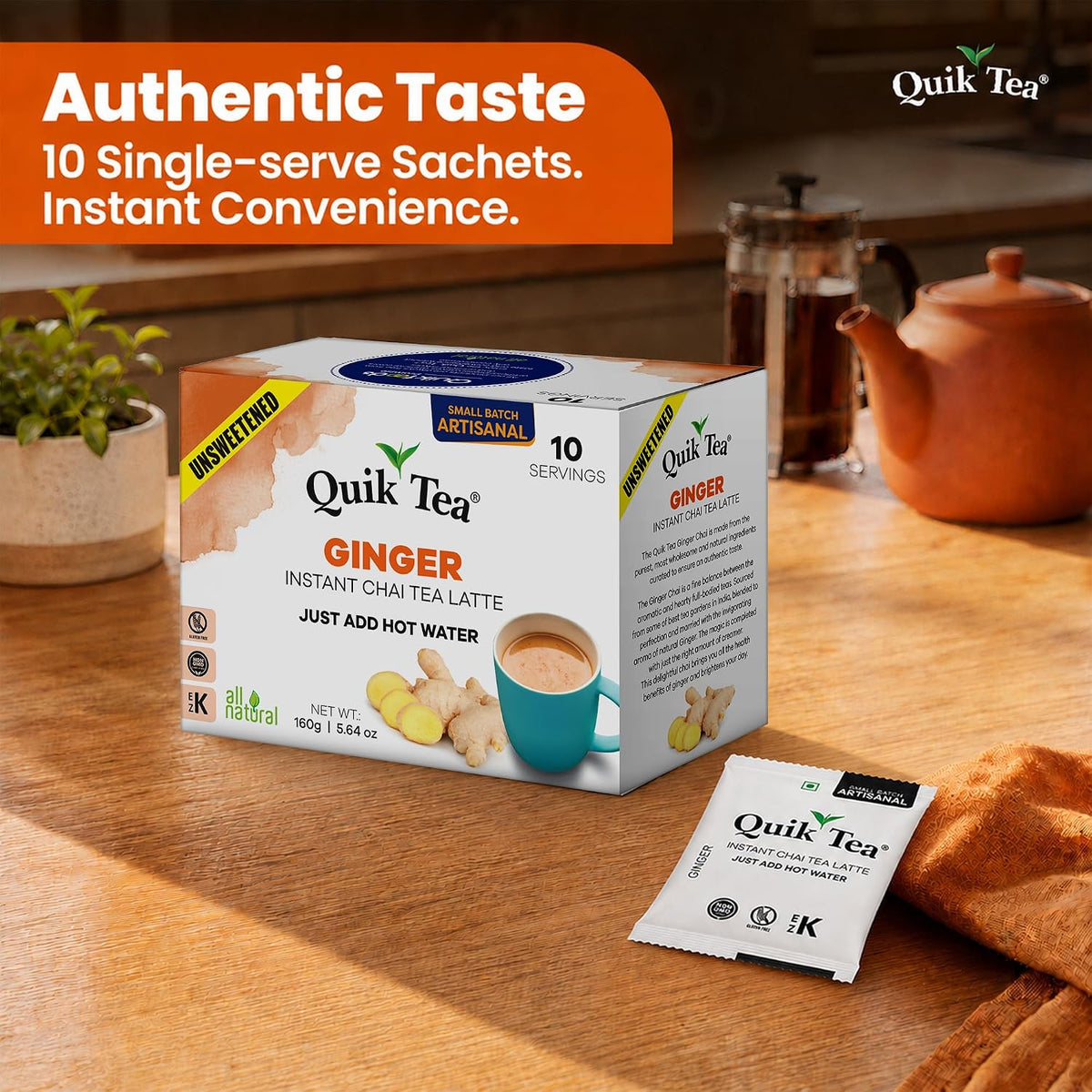 QuikTea Instant Chai Tea Latte Mix, Masala, Unsweetened, 20 Sachets
