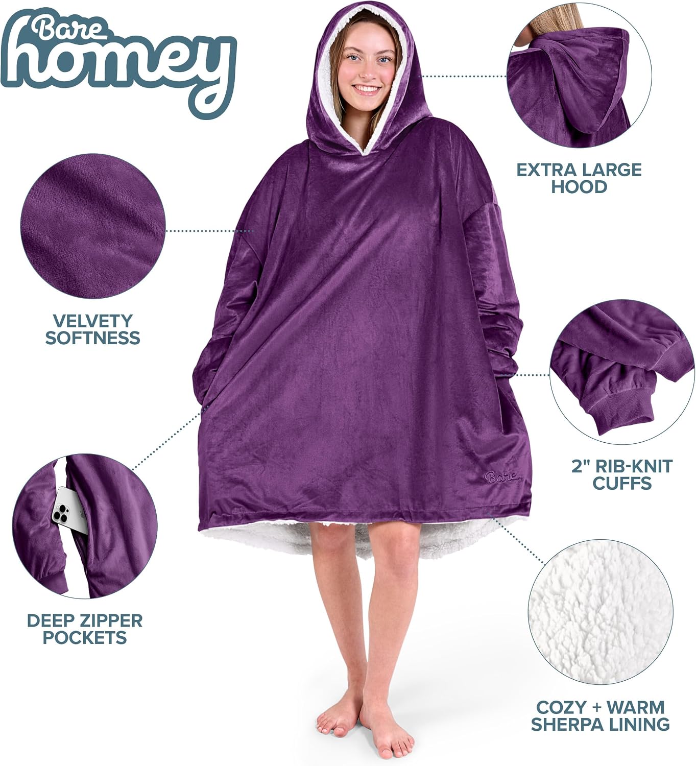Bare Home Wearable Blanket Hoodie - Soft Plush Sherpa - Warm and Cozy - Oversized Wearable Blanket