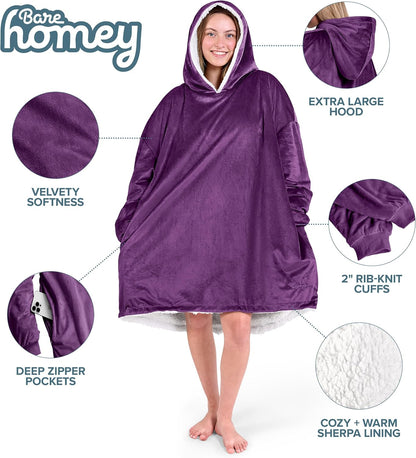 Bare Home Wearable Blanket Hoodie - Soft Plush Sherpa - Warm and Cozy - Oversized Wearable Blanket