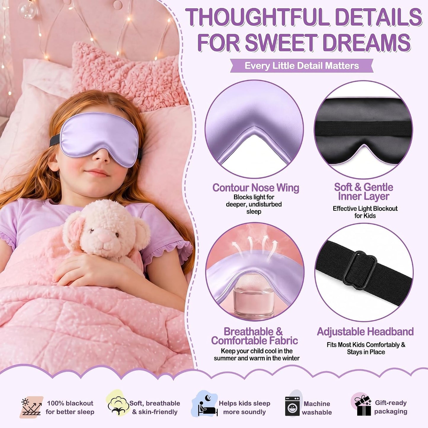 Kids Sleep Mask, Soft Eye Mask for Boys Girls with Adjustable Strap, Silk Light Blocking Sleeping Mask for Naps, Travel and Night Sleep, Includes Laundry Bag (Black)