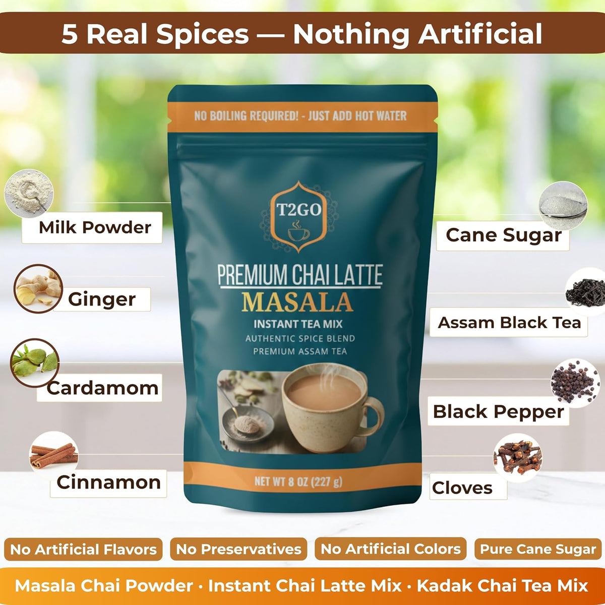 T2GO Instant Masala Chai Tea Latte Powder – Just Add Water, 8 oz